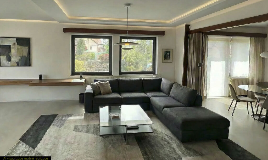 Vila Úvaly - obývací pokoj - Ai visualizace možné realizace