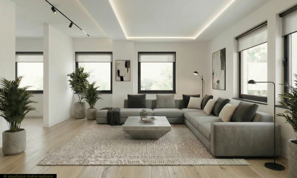 Vila Úvaly - obývací pokoj - Ai visualizace možné realizace
